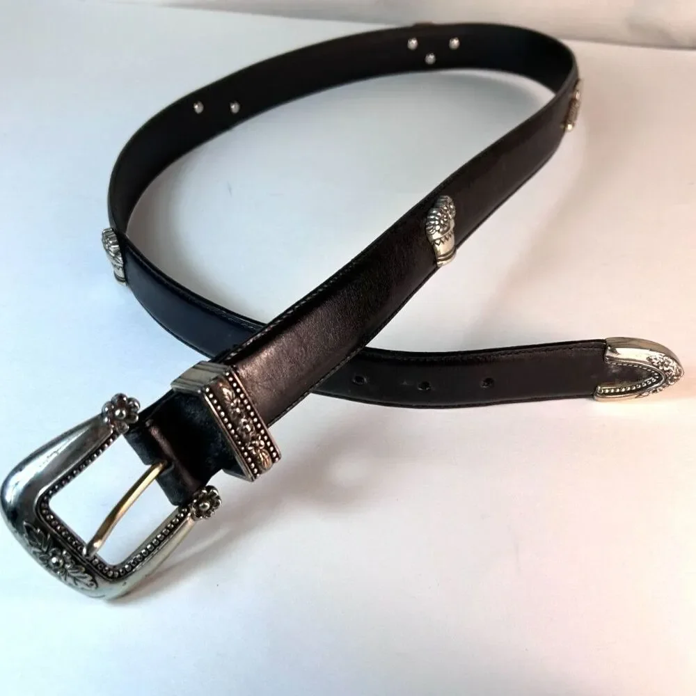 Talbots Women's NWOT Black Leather Silver Buckle Gardening Charm Belt Size XL